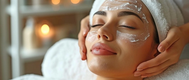 Una mujer asiática en un estado relajado recibiendo cavitación ultrasónica antienvejecimiento y de piel facial de un cosmetólogo en un salón de belleza