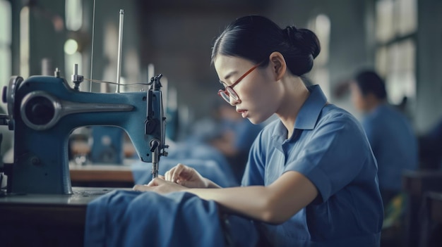 Mujer asiática en una fábrica textil cosiendo con una máquina de coser Creado con IA