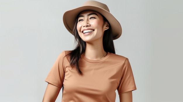 Mujer asiática feliz con camiseta marrón y sombrero