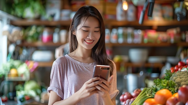 Una mujer asiática feliz en la cocina con nuevos comestibles utilizando su teléfono inteligente Generative Ai