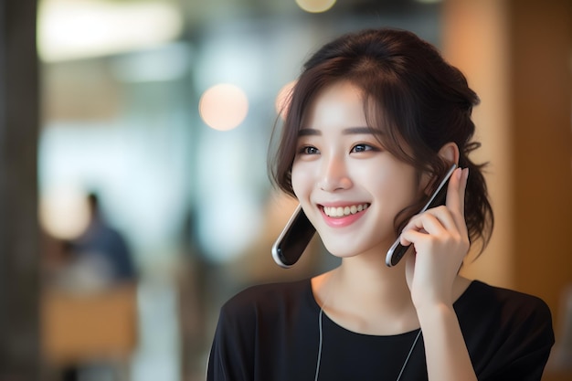 Mujer asiática feliz disfrutando de una conversación telefónica con una sonrisa en su cara IA generativa