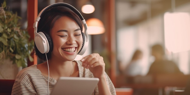 mujer asiática feliz escuchando música a través de auriculares inalámbricos en una cafetería