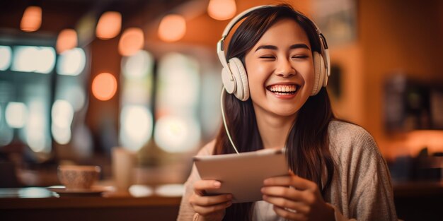 mujer asiática feliz escuchando música a través de auriculares inalámbricos en una cafetería