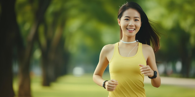 Mujer asiática feliz y en forma con reloj inteligente corriendo en el parque verde