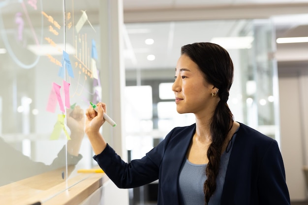 Foto mujer asiática feliz haciendo una lluvia de ideas y escribiendo en tablero de vidrio en la oficina. negocios, corporaciones, trabajar en la oficina y concepto de cooperación.