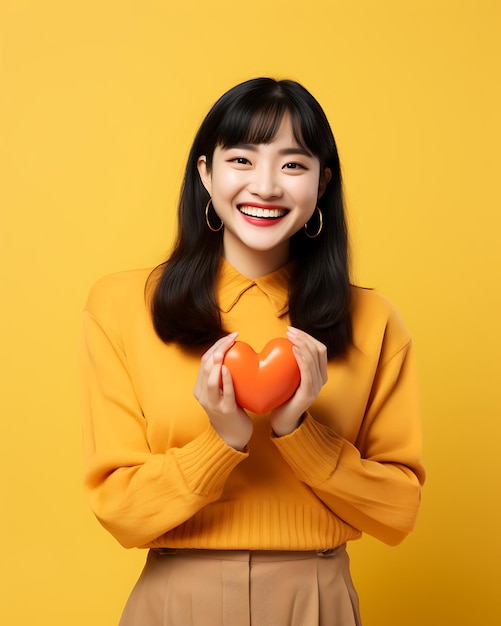 Una mujer asiática feliz y satisfecha da forma a un pequeño corazón con las manos.