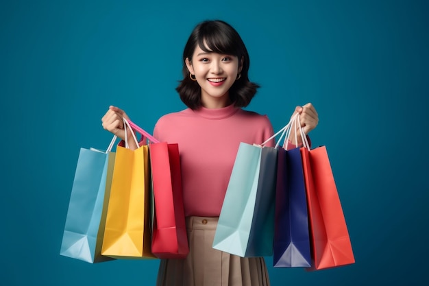 Mujer asiática feliz sosteniendo bolsas de compras y sonriendo a la cámara