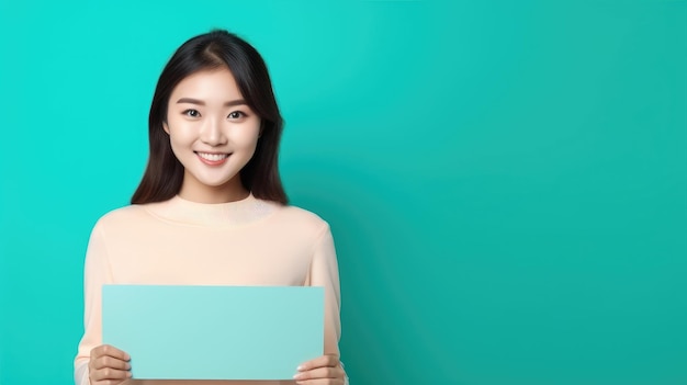 Mujer asiática feliz sosteniendo un cartel blanco en sus manos IA generativa