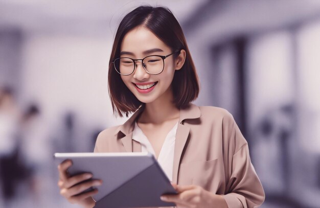 Foto mujer asiática feliz con una tableta en una oficina moderna creada con ia generativa