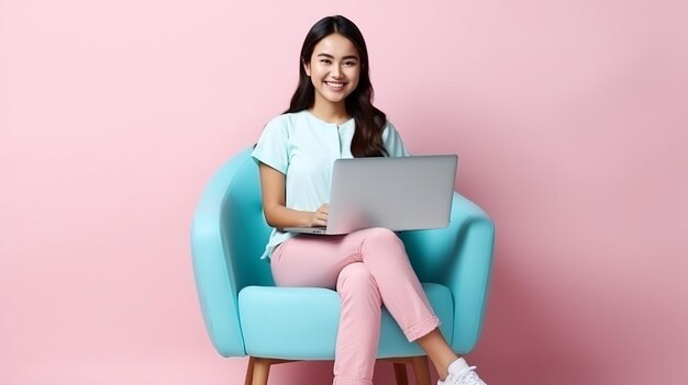 Mujer asiática feliz trabajando en una computadora portátil aislada en un fondo de color azul brillante