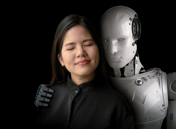 Foto mujer asiática feliz viviendo con cyborg o robot