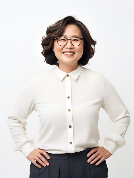 Mujer asiática formal madura en fondo blanco