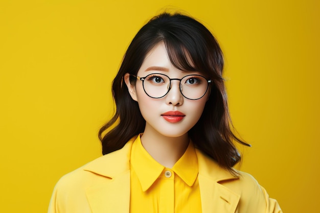 Mujer asiática con gafas sobre un fondo amarillo.