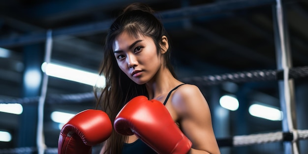 Mujer asiática con guantes de boxeo en un ring Concepto de entrenamiento deportivo Ilustración generativa de Ai