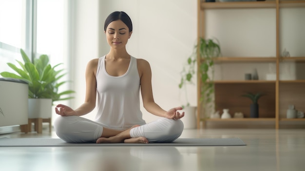 La mujer asiática hace yoga en la IA generativa de la sala de estar blanca