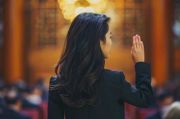 Foto mujer asiática haciendo juramento con gracia