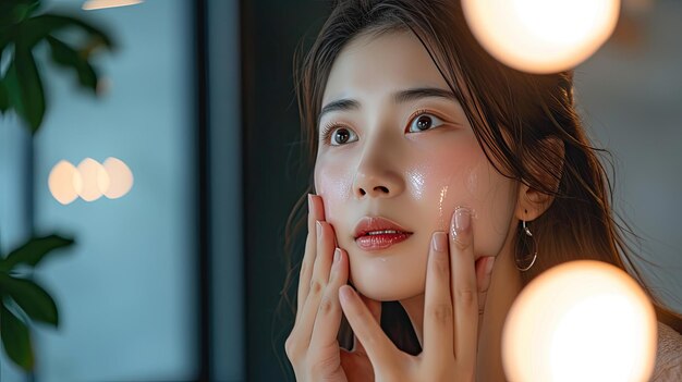 Mujer asiática joven que toca la piel de la belleza facial sana mira el espejo