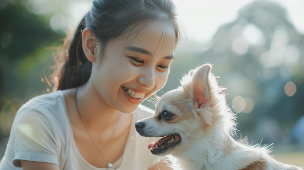 Mujer asiática jugando con un perro chihuahua en un parque de perros amigable con mascotas Perro doméstico con dueño disfruta del estilo de vida al aire libre urbano en la ciudad en vacaciones de verano Mascotas Humanización y padres de mascotas urbanas