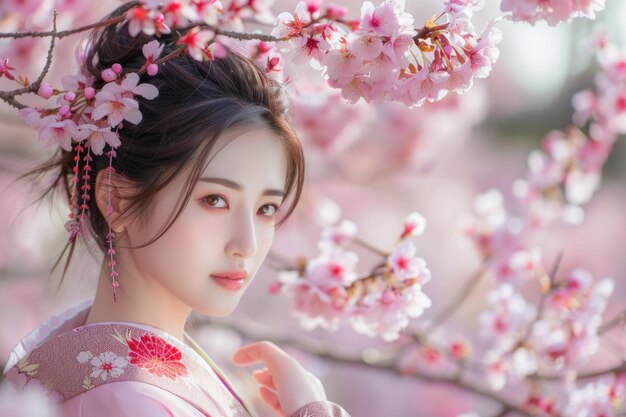 Mujer asiática en kimono con flores de cerezo en Japón