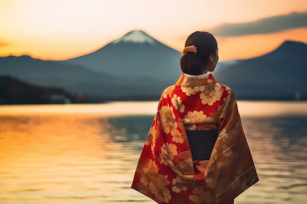 Mujer asiática en kimono japonés tradicional en el monte Fuji AI