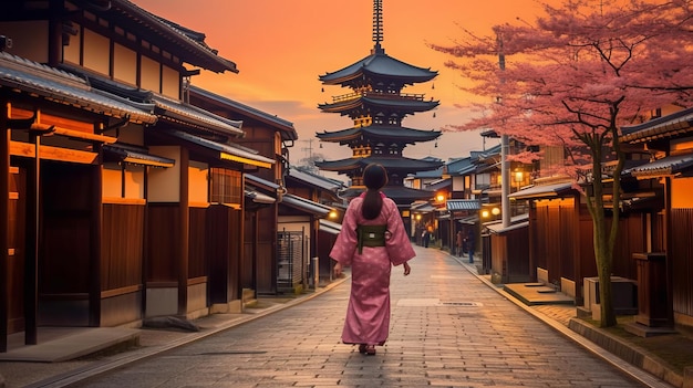 Mujer asiática en kimono con paraguas en Kioto