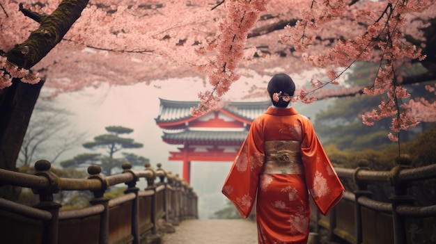 Mujer asiática en kimono en el pintoresco jardín de cerezos en flor