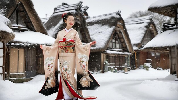 Foto mujer asiática con kimono tradicional japonés en el pueblo de shirakawa go en invierno en japón