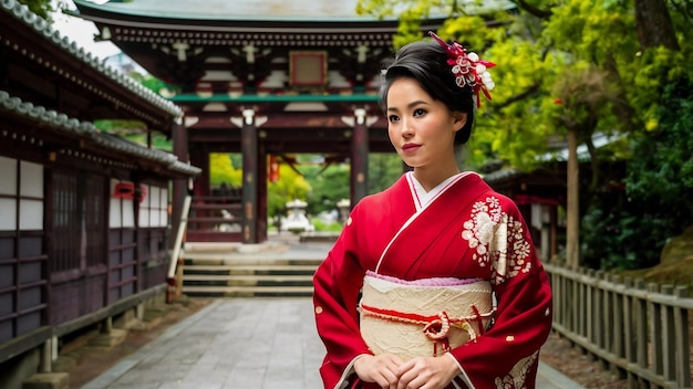 Mujer asiática con kimono tradicional japonés en un templo en Tokio, Japón