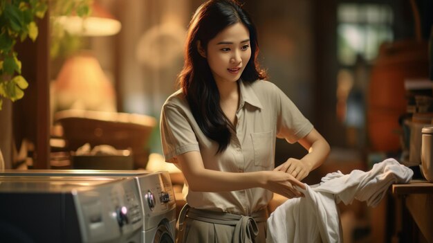 Mujer asiática lavando mantas con lavadora en casa