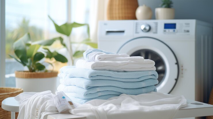 Mujer asiática lavando mantas con lavadora en casa