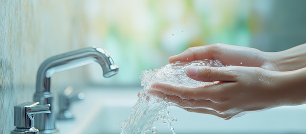 Mujer asiática lavándose las manos en el baño en casa Atención pandémica Covid 19