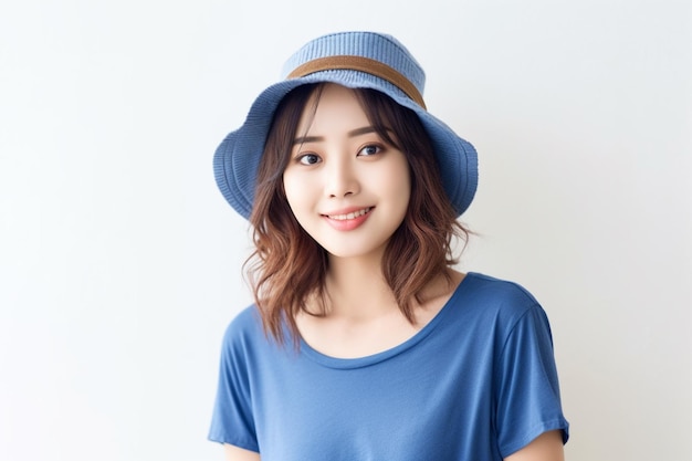 mujer asiática, llevando, camiseta azul, y, sombrero, sonriente, blanco, plano de fondo