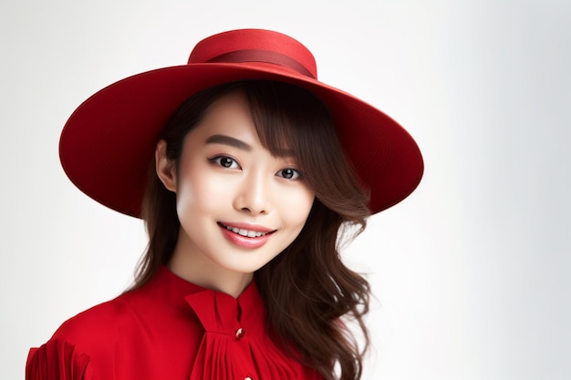 mujer asiática, llevando, camiseta roja, con, sombrero, sonriente, blanco, plano de fondo