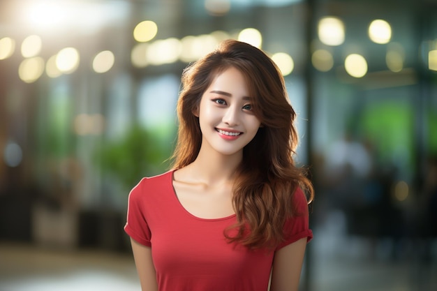 mujer asiática, llevando, camiseta roja, sonriente, en, fondo borroso