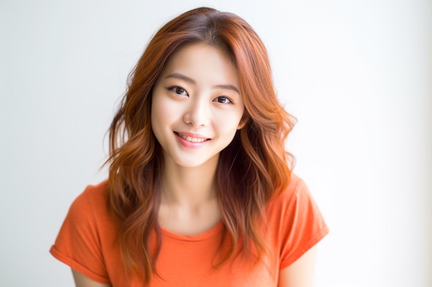mujer asiática, llevando, naranja, camiseta, sonriente, blanco, plano de fondo