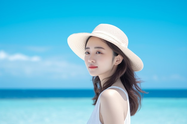mujer asiática, llevando, sombrero, posición, en la playa, con, cielo azul