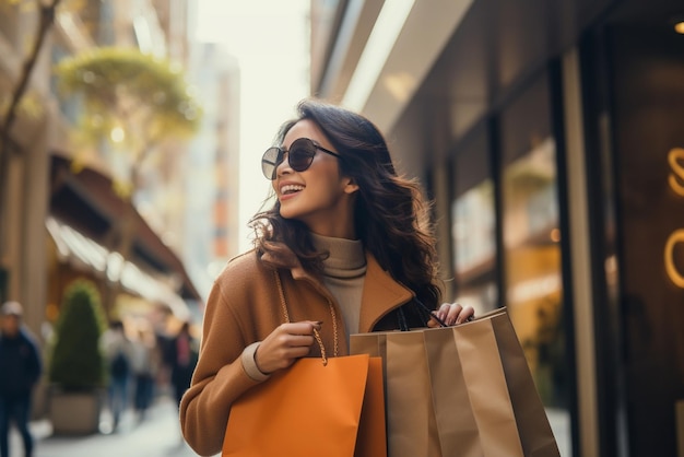 Mujer asiática de lujo feliz viajes compras en la ciudad urbana moda vibrante estilo de vida contemporáneo