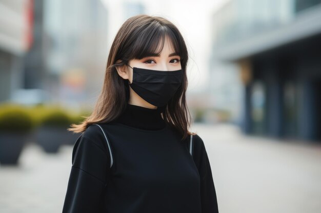 mujer asiática con mascarilla en la ciudad