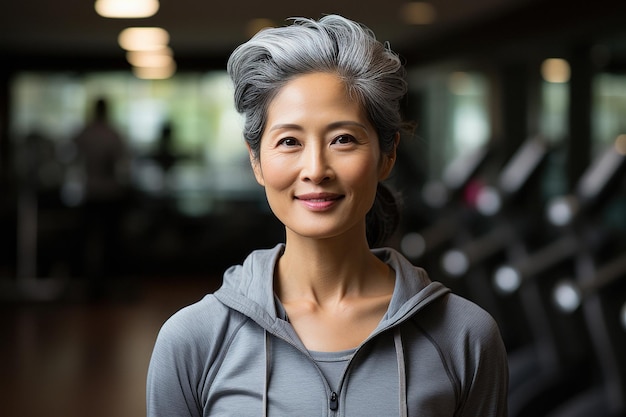 Mujer asiática mayor trabajando en el gimnasio mirando a la cámara enfoque selectivo ella está sonriendo gimnasio moderno