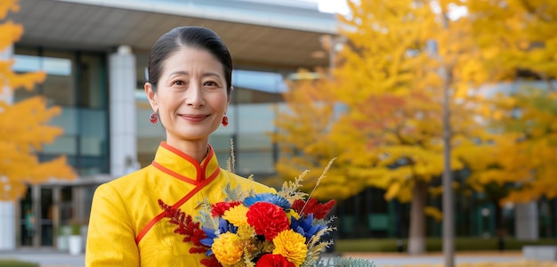 Mujer asiática de mediana edad lleva un cheongsam amarillo sostiene flores coloridas concepto del Día de la Madre