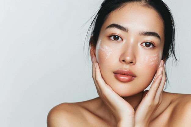 La mujer asiática mirando a la cámara usando tratamiento facial para un aigx de humedad