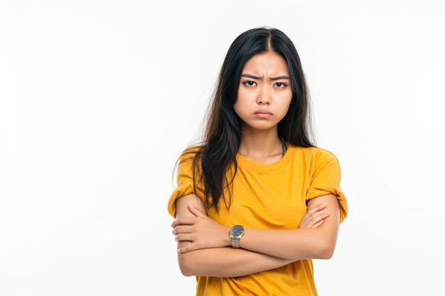Una mujer asiática molesta de pie con los brazos cruzados mirando hacia otro lado