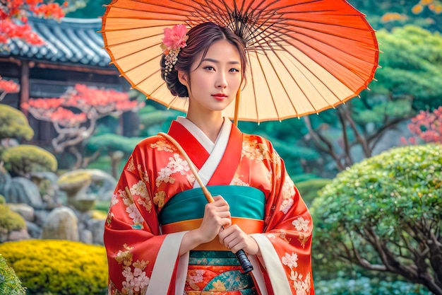 Foto una mujer asiática de noble nacimiento en un kimono festivo camina lentamente a través de un jardín japonés en flor