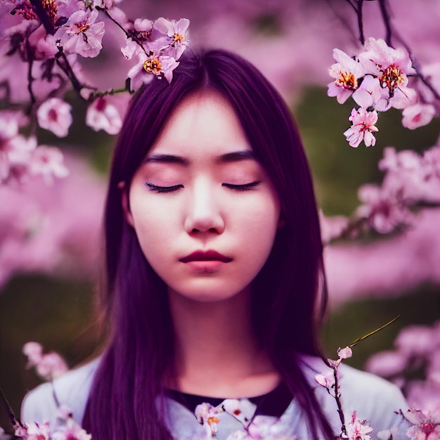 mujer asiática, con, ojos cerrados, y, flores, en, plano de fondo, 3d, interpretación