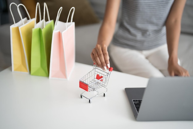 Mujer asiática y pequeño carrito de compras con portátil para Internet concepto de comercio electrónico de compras en línea en la sala de estar