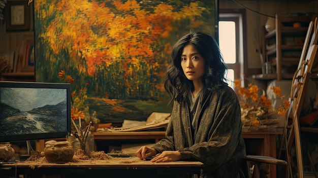 Foto mujer asiática con pintura al óleo en la espalda