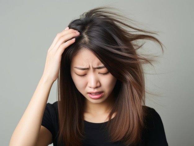 Mujer asiática en pose dinámica emocional sobre fondo sólido