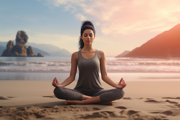 Mujer asiática practicando yoga en una playa promoviendo el ai generativo