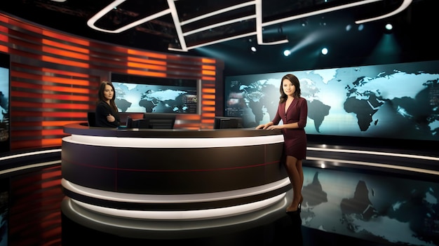 Mujer asiática presentadora de noticias presentadora de noticias de televisión estudio virtual de noticias