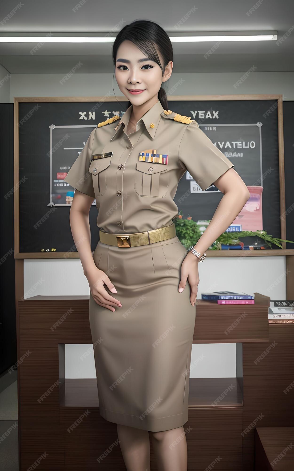 celebrar Discutir Tierra Mujer asiática profesora tailandesa en la escuela con uniforme de traje  caqui ia generativa | Foto Premium